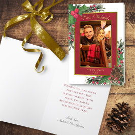 Cartão De Festividades Festivo Holly Berries e Pine Feliz Foto de Natal