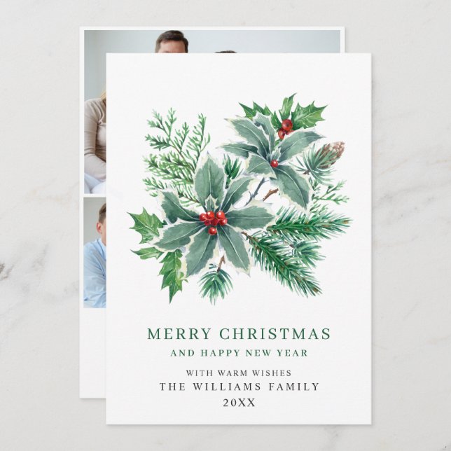 Cartão De Festividades Festivo Holly Berry 3 FOTO Saudação de Natal (Frente/Verso)