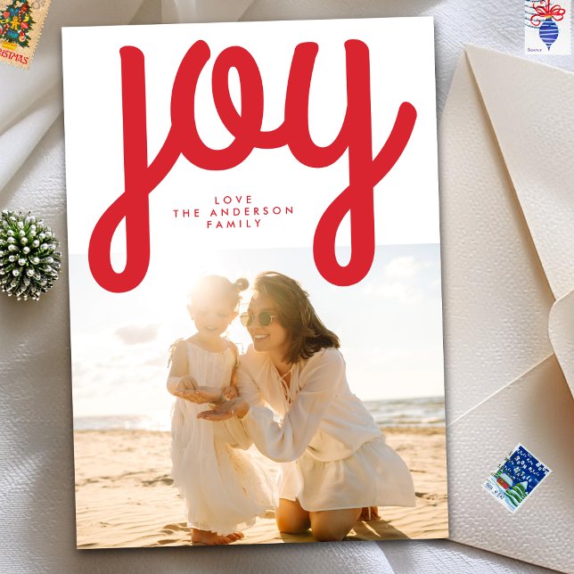 Cartão De Festividades Festivo Moderno JOY Foto de Natal Vermelho (Criador carregado)