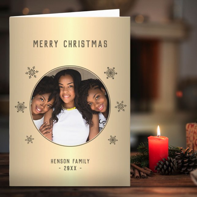 Cartão De Festividades Festivo Ouro Metálico Floco de Neve Foto Natal (Criador carregado)