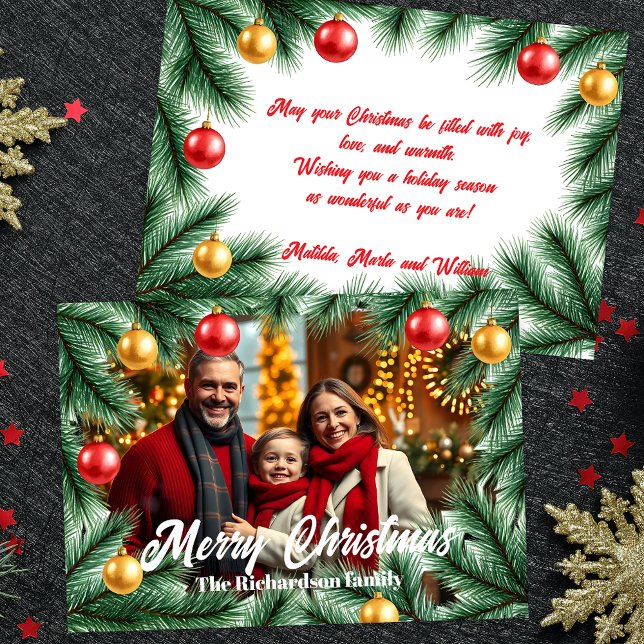 Cartão De Festividades Festivo Pine Branches Baubles Foto Natal (Criador carregado)