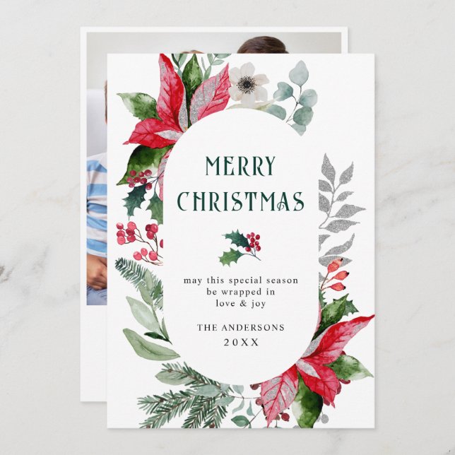 Cartão De Festividades Festivo Poinsettia Natal MistletoFoto (Frente/Verso)