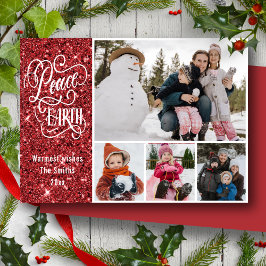 Cartão De Festividades Festivo Red Glitter Peace on Earth Photo Christmas