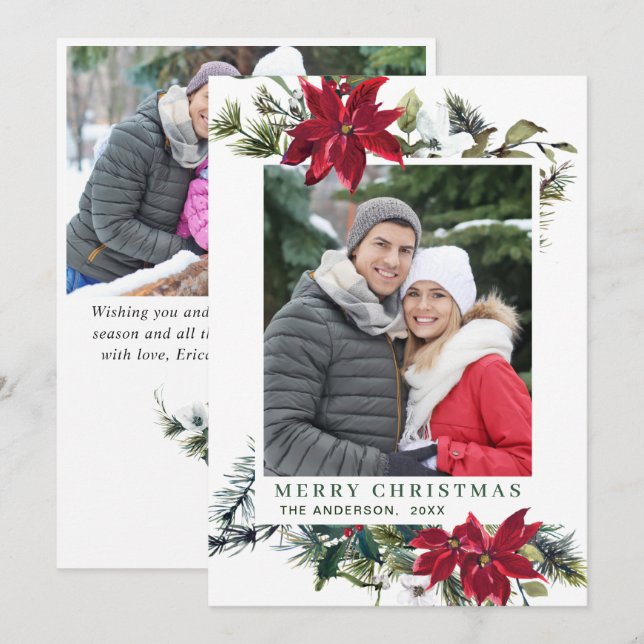 Cartão De Festividades Festivo Red Poinsettia Natal Saudação 2 FOTO (Frente/Verso)