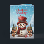 Cartão De Festividades Festivo Snowman Reindeer Snowflake Foto ☃️ 🦌 🎄<br><div class="desc">Este cartão de feriado de Natal personalizável é ideal para espalhar alegria e melhores desejos. Design apresenta um desenho animado, um bonitinho, um boneco de neve com um chapéu, pássaros cardeais vermelhos e Reindeer floral (Deer, Fawn, Doe), cada um com flores de poinsettia escondido em seus ouvidos. Tudo colocado sobre...</div>
