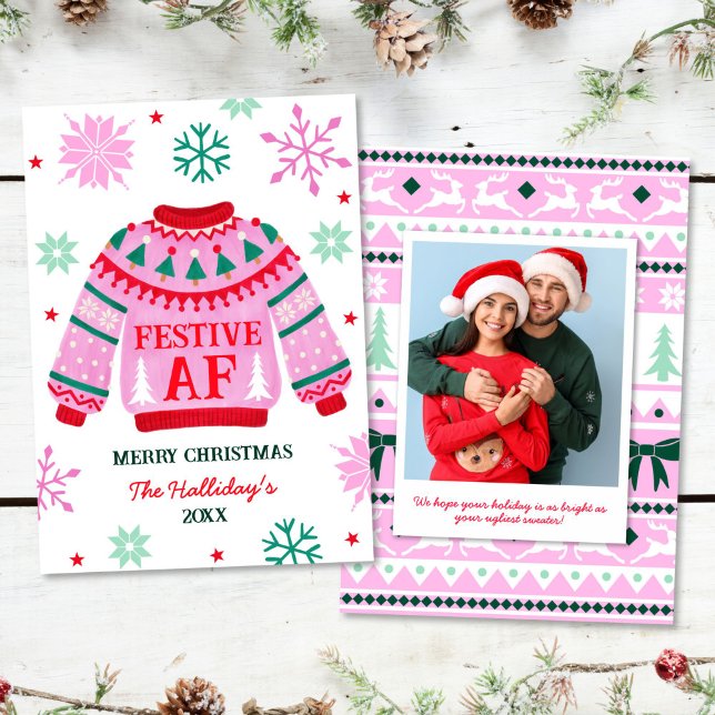 Cartão De Festividades Festivo Suéter Feio e Casal Flocos de Neve Foto (Festive Ugly Sweater & Snowflakes Couple Photo Holiday Card)