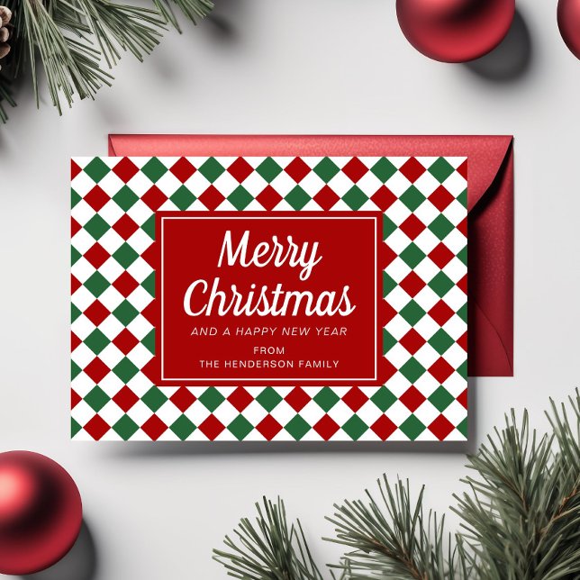 Cartão De Festividades Festivo Vermelho Verificado Foto Natal (Festive Red Checked Photo Christmas Holiday Card)
