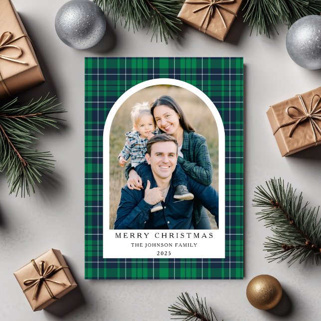 Cartão De Festividades Festivo Xadrez Verde Foto de Natal (Festive Green Plaid Photo Christmas Holiday Card)