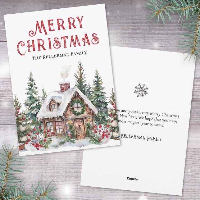 Cartão De Festividades FesWinter Cabine Watercolor Natal (Festive Winter Cabin Watercolor Christmas Holiday Card )