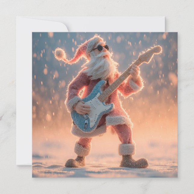 Cartão De Festividades Figura do Papai Noel Tocando uma Guitarra Elétrica (Frente)