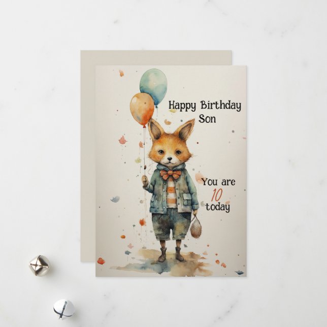 Cartão De Festividades Filho 10º Aniversário Abstrato Fox (Frente/Verso In Situ)