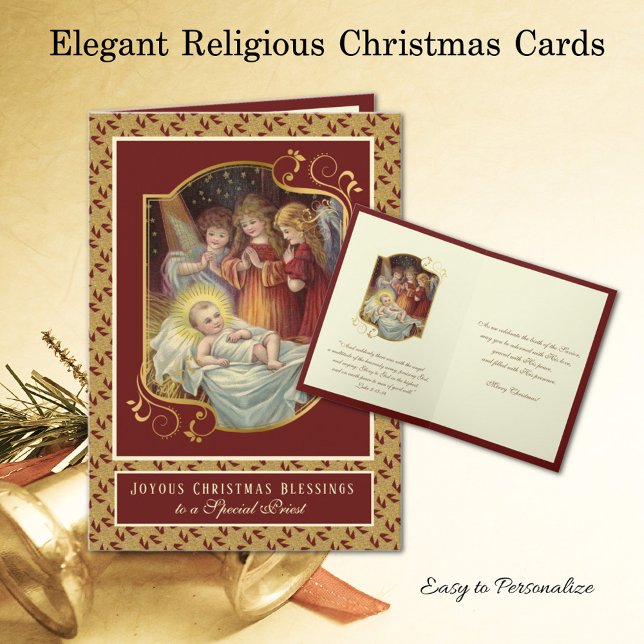 Cartão De Festividades Filho Religioso Jesus Cristo Anjos Sacerdoso (Traditional Christmas Religious Card with Jesus in Manger with Angels - Easy to personalize)