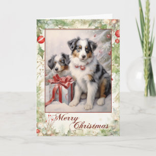 Cartão De Festividades Filhote de Aussie Blue Merle Vitoriano de Natal