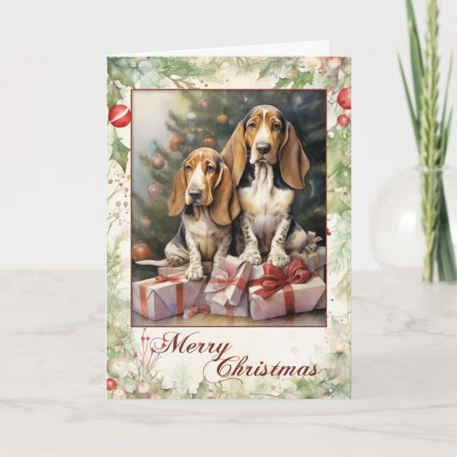 Cartão De Festividades Filhote de Basset Hound Vitoriano no Natal (Frente)