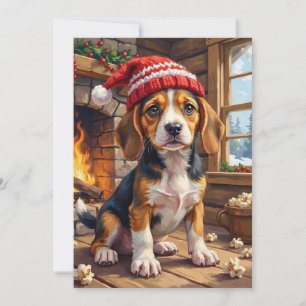Cartão De Festividades Filhote de Beagle Alegre em Gorro de Meia Aconcheg
