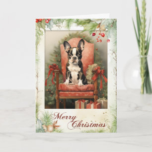 Cartão De Festividades Filhote de Boston Terrier Vitoriano no Natal
