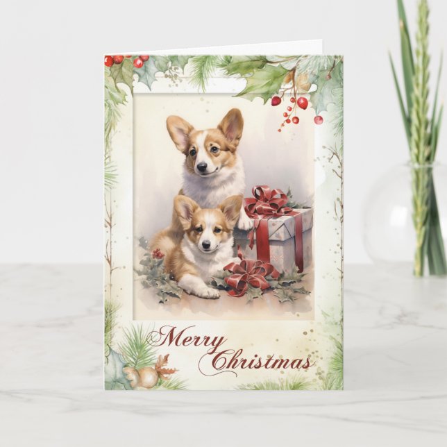 Cartão De Festividades Filhote de Corgi Vitoriano no Natal (Frente)