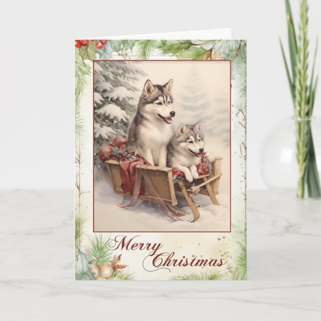 Cartão De Festividades Filhote de Husky Siberiano Vitoriano no Natal (Frente)