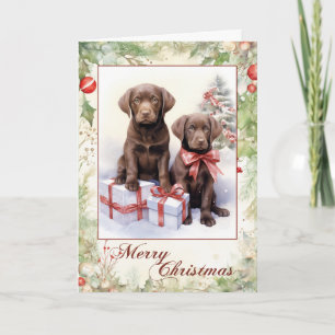 Cartão De Festividades Filhote de Labrador Chocolate Vitoriano Natal