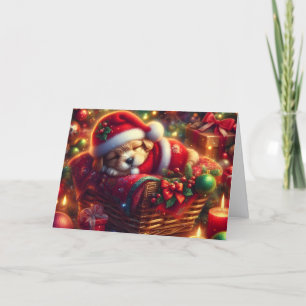 Cartão De Festividades Filhote Fofo Dormindo com Chapéu de Papai Noel
