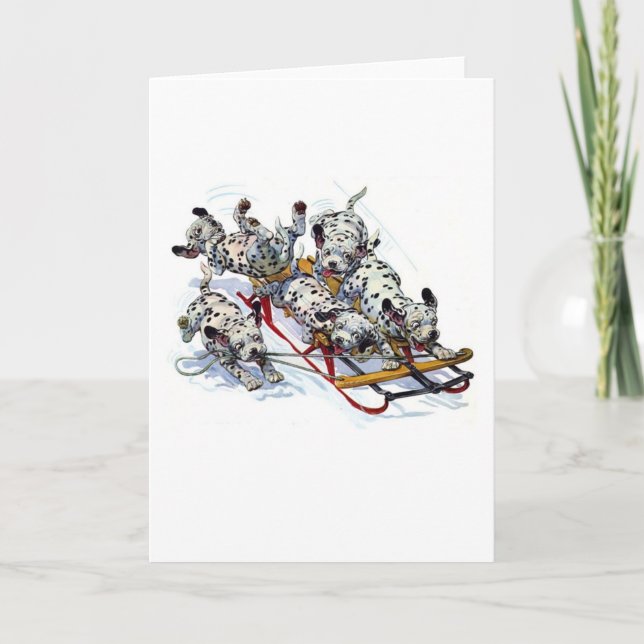Cartão De Festividades Filhotes de cachorro Dalmatian Sledding (Frente)