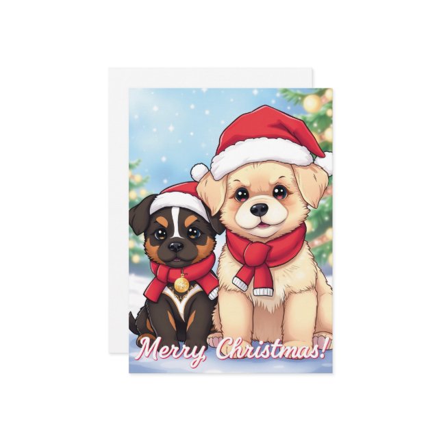 Cartão De Festividades Filhotes de Natal Adoráveis ​​com Chapéus de Papai (Frente/Verso In Situ)