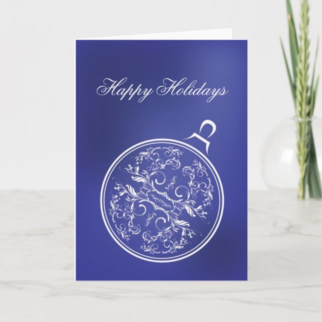 Cartão De Festividades Filigree Blue Ornament Holiday Card (Frente)