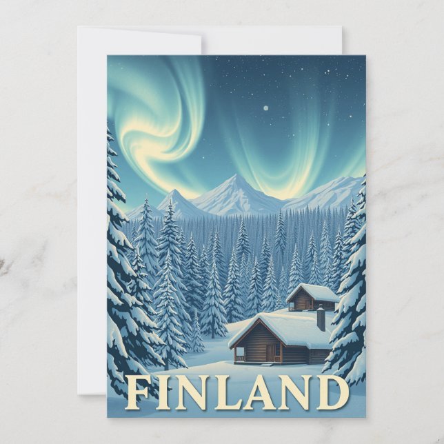 Cartão De Festividades Finland Northern Lights Winter Cabin Flat Card (Frente)