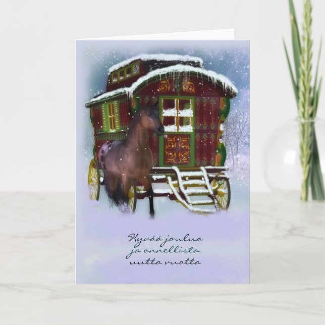 Cartão De Festividades Finnish Christmas Card - Horse And Old Caravan - H (Frente)
