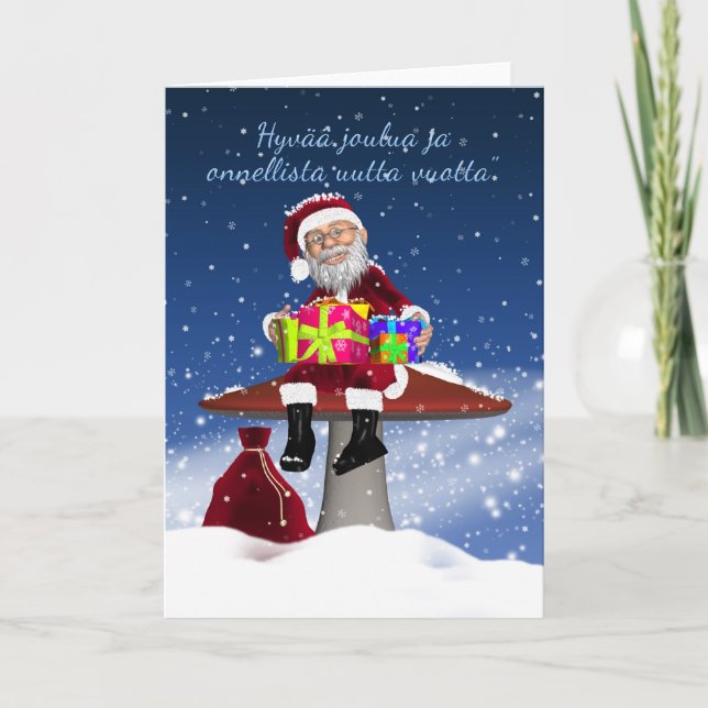 Cartão De Festividades Finnish Holiday Greeting Card With Santa On A Mush (Frente)
