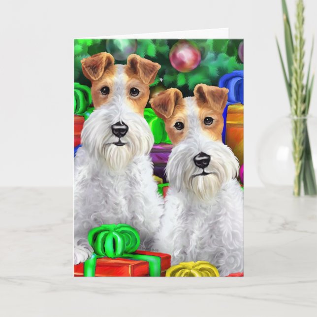 Cartão De Festividades Fio Fox Terrier Open Gifts Natal (Frente)