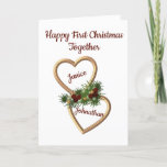 Cartão De Festividades First Christmas as a Couple, Evergreens Hearts<br><div class="desc">This Christmas card is to wish a new couple a Happy Christmas. It is suitable for any couple that is celebrating Christmas together for the first time. You can change the text to any you want, including the names in the hearts. The design on the front has two entwined gold...</div>