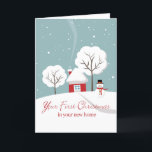 Cartão De Festividades First Christmas in Your New Home with Red House<br><div class="desc">Your First Christmas in Your New Home, paper greeting card with an illustration of a winter snow scene. A red house with smoke, snow covered trees, and a happy snowman are featured on the cover of this Christmas holiday card. Customize the interior of the card as you like before checkout....</div>