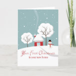 Cartão De Festividades First Christmas in Your New Home with Red House<br><div class="desc">Your First Christmas in Your New Home, paper greeting card with an illustration of a winter snow scene. A red house with smoke, snow covered trees, and a happy snowman are featured on the cover of this Christmas holiday card. Customize the interior of the card as you like before checkout....</div>