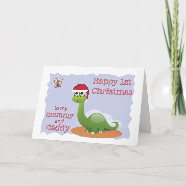 Cartão De Festividades First Christmas to Mommy & Daddy, Cute Dinosaur (Frente)