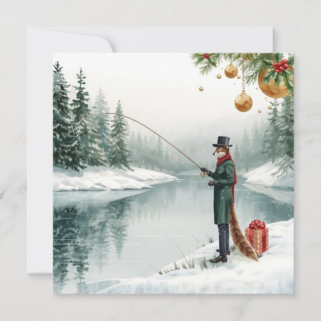 Cartão De Festividades Fishing Christmas with FOX  in the Winter (Frente)