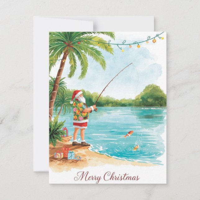 Cartão De Festividades Fishing Christmas with Santa Claus Holiday Card (Frente)