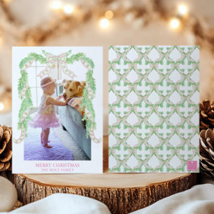 Cartão De Festividades Fita de Arco Rosa Verde Natal Aquarela Foto
