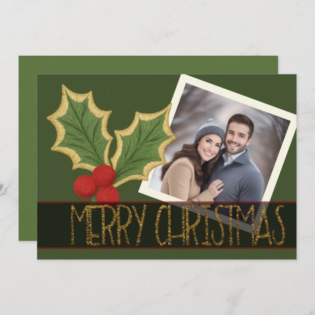 Cartão De Festividades Fita de Natal com Bordado de Azevinho e Frutas (Frente/Verso)