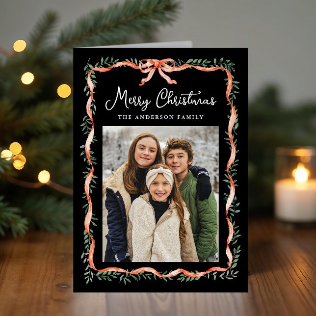 Cartão De Festividades Fita Vermelha Elegante e Imagem Negra Verde (Criador carregado)