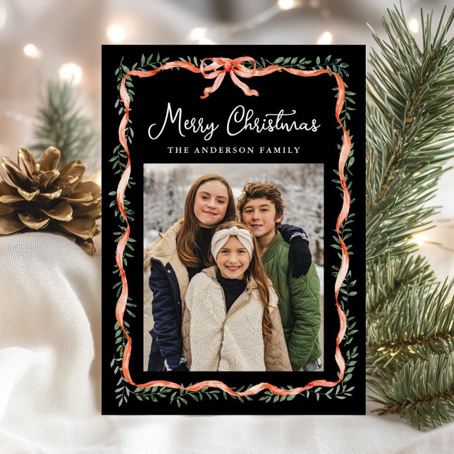 Cartão De Festividades Fita Vermelha Elegante e Preto Verde 2 Foto (Criador carregado)