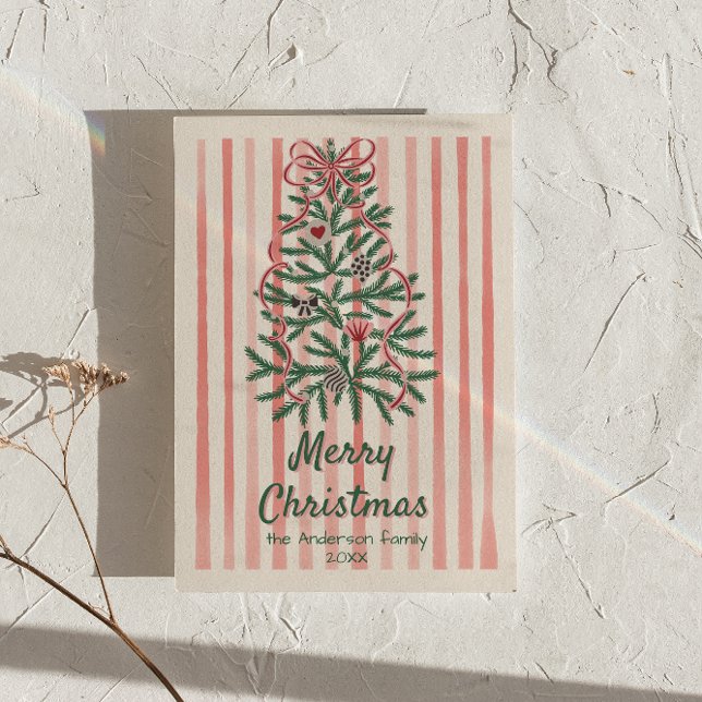 Cartão De Festividades Fitas Verdes Vermelhas Retro Árvore Natal Não Foto (Criador carregado)