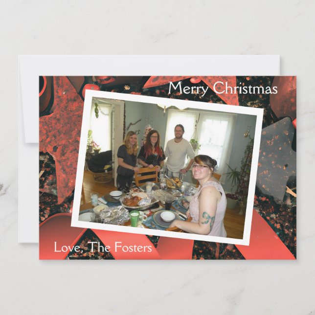 Cartão De Festividades Fitas Vermelhas e Estrelas de Madeira Foto de Nata (Frente)