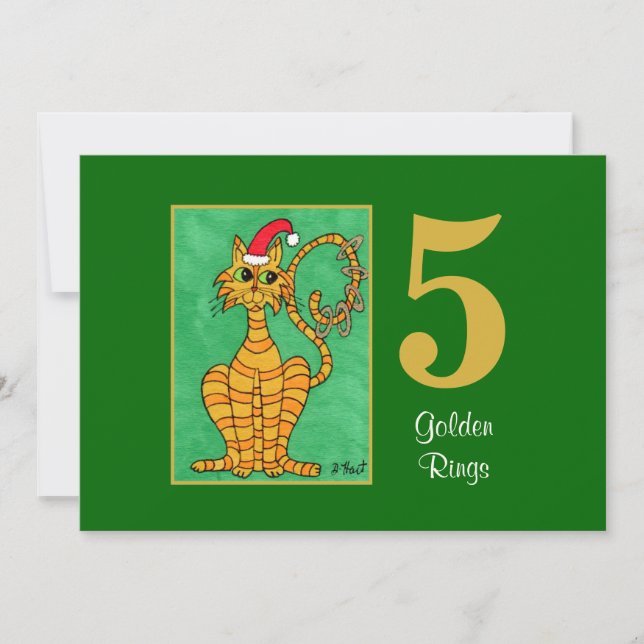 Cartão De Festividades Five Golden Rings Cute Cat Custom Christmas (Frente)