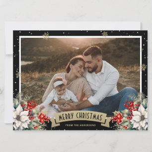 Cartão De Festividades Flair Preto Botânico Floco de Neve Foto Natal