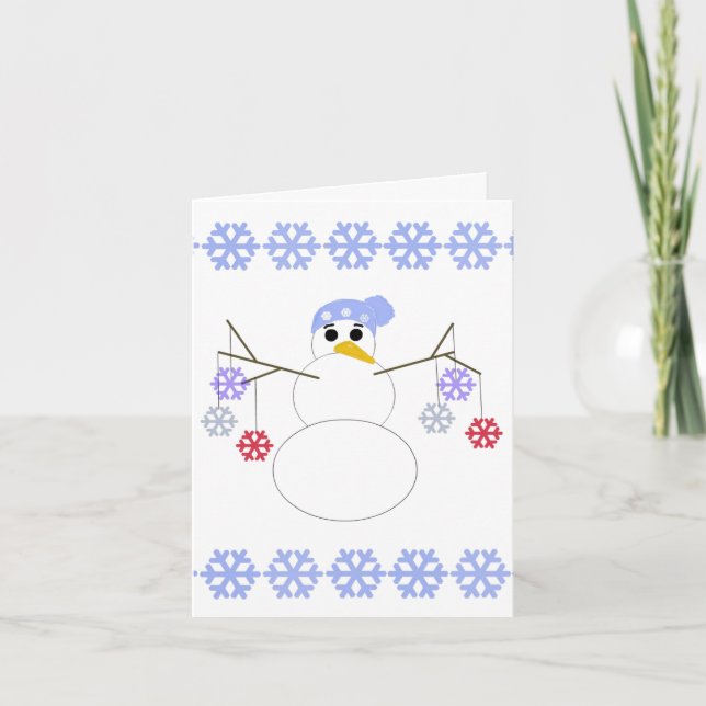 Cartão De Festividades Flakey Snowman com Ornamentos em Flocos de Neve (Frente)