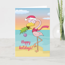 Cartão De Festividades Flamingo de Natal fofo na praia com texto personal