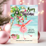 Cartão De Festividades Flamingo Palm Tree Tropical Beach Natal<br><div class="desc">Mande suas cartões de natal mais quentes com este cartão de Natal tropical! Apresentando um flamingo cor-de-rosa brincalhão dançando sob uma palmeira de Natal perto do mar, esta design dá vida a vibrações de férias de praia. Perfeito para quem quer trocar neve por areia nesta temporada de férias, este cartão...</div>