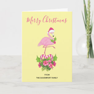 Cartão De Festividades Flamingo Rosa com Chapéu de Papai Noel e Buquê de 