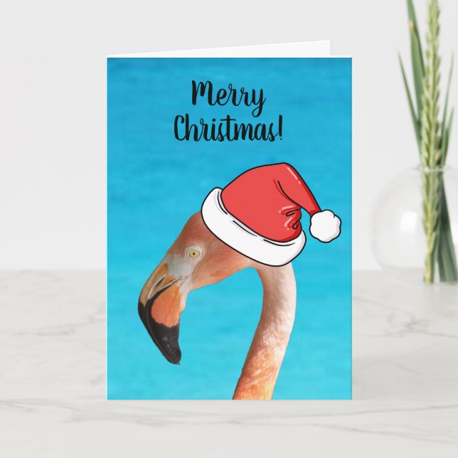 Cartão De Festividades Flamingo Rosa em chapéu de Papai Noel de desenho a (Frente)